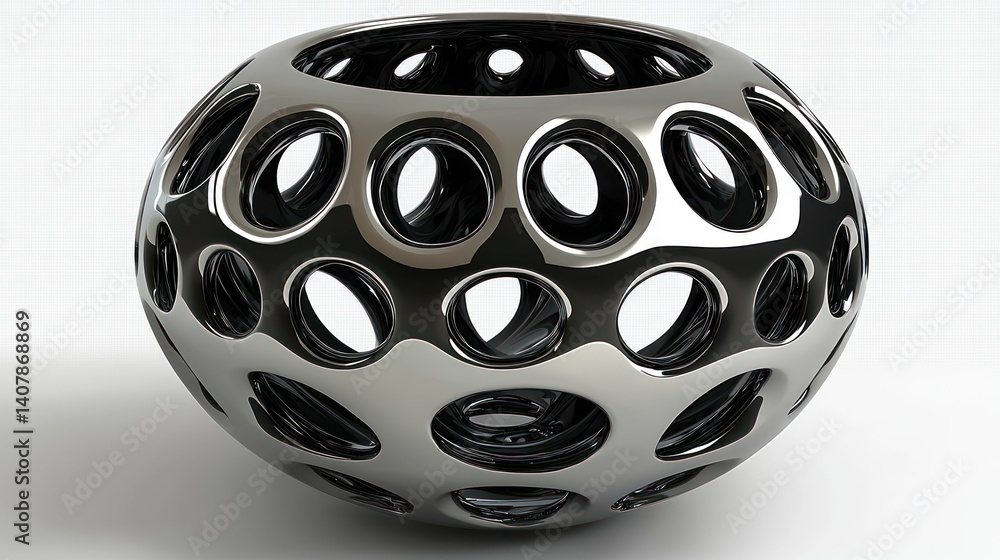 Poster abstract chrome sphere with perforated design: a 3d rendered metallic orb