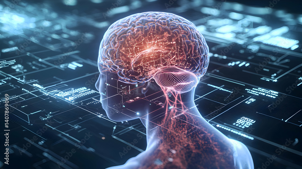 Poster a side view of a digital human head with a glowing brain network of neurons over a circuit board bac