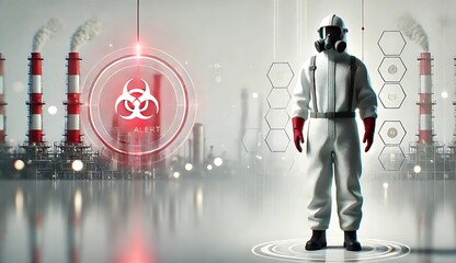 A hazmat-suited figure stands in front of industrial chimneys with a glowing red biohazard alert symbol beside them. Futuristic elements emphasize danger, safety, and contamination.
