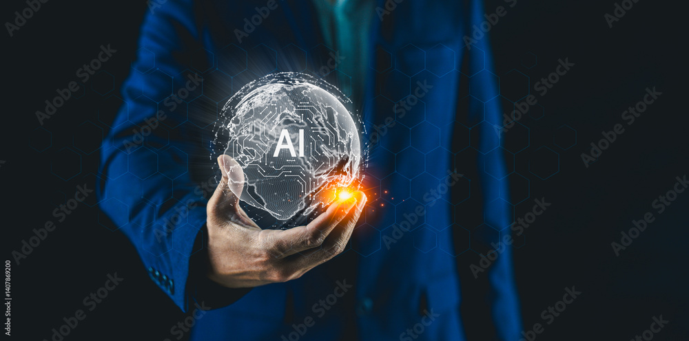 Poster a businessman in a suit holds a glowing globe with ai graphics, symbolizing the intersection of tech