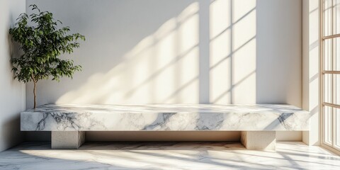 Elegant marble bench with natural light and potted tree in modern interior space