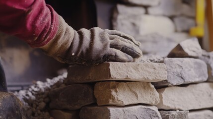 Mason repairing a stone fireplace in a home. Featuring restoration skills and craftsmanship