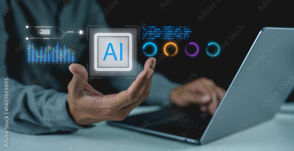 Poster a hand holds an ai interface, showcasing data graphs and metrics, with a laptop in the background, e