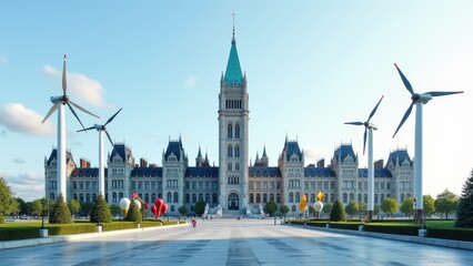 Obraz premium Harmony between wind power generation and ancient buildings