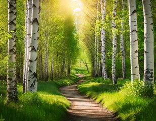 sunlit birch trees along a forest path in spring with vibrant greenery and depth