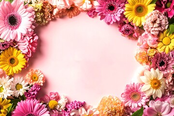 A beautiful floral arrangement on a pastel pink background.