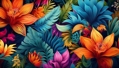 vibrant and intricate seamless floral background featuring a beautiful artistic and bright tropical pattern reminiscent of an exotic forest with colorful fabric flowers in varying shapes and sizes