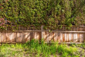 Fence built from wood in Vancouver, Canada, North America. Outdoor landscape. Security and privacy concept. Day time on April 2025.