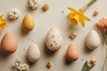 Obraz premium Stylish Easter eggs with golden speckles and spring flowers on neutral background – minimal and elegant holiday composition