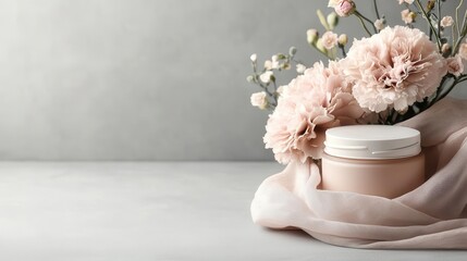 Skincare jars on a matte grey surface with flowing chiffon fabric and pastel floral accents