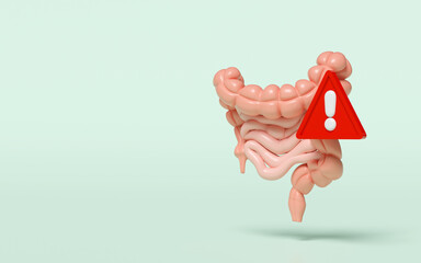 3d Intestines with exclamation mark isolated on green background. danger warning concept, 3d illustration render