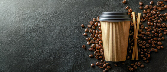 Eco-friendly kraft paper coffee cup with coffee beans and stirrer