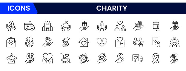 Minimalist web line icon collection focused on charity themes, including donation, helping hands, volunteers, and fundraising. Perfect for nonprofit websites, campaigns, and social responsibility proj