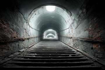 Staircase leading to a dimly lit tunnel with brick walls and natural light above
