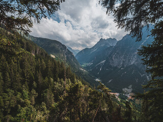 Fototapeta premium Framed alpine valley view through forest trees
