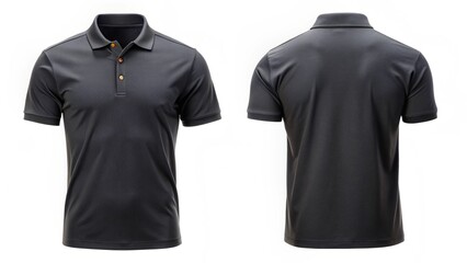 Black collar polo tee shirt set with front, back, and side views cutout in a white background. A mockup template for graphic design artwork.
