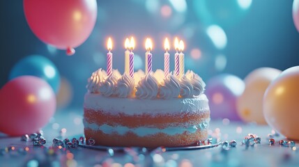 Colorful Birthday Cake with Pink Frosting and Candles for Celebration