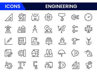 Web line icon collection illustrating engineering concepts, including tools, gears, construction, and innovation. Ideal for technical, industrial, and design projects.