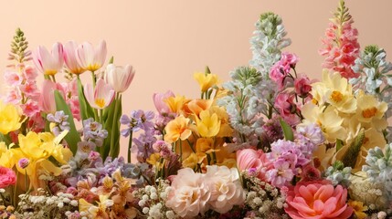 Obraz premium Easter decoration chick ornaments festive banners. Exquisite Garden Delight Floral Arrangement of Blooming Flowers in Pastel Hues for Joyful Springtime.