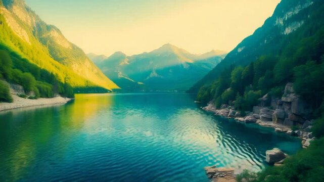 Bird's-eye view of a lake encircled by mountains.