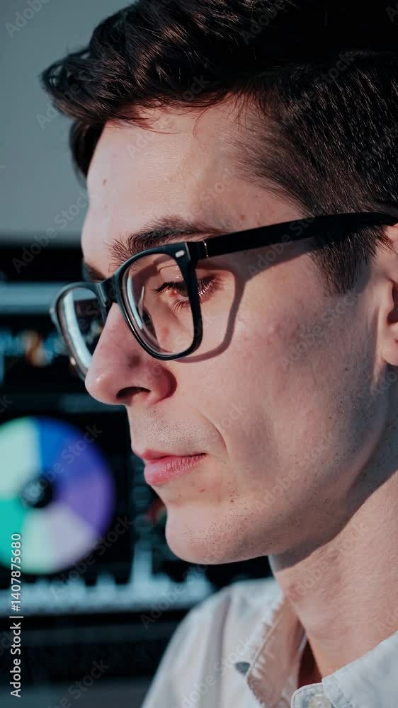 Poster young businessman wearing glasses is analyzing data displayed on computer screen, showing charts and