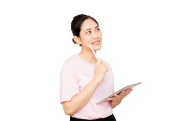 A thoughtful Asian woman in a pink shirt holds a tablet and a stylus appearing to ponder an idea or concept.