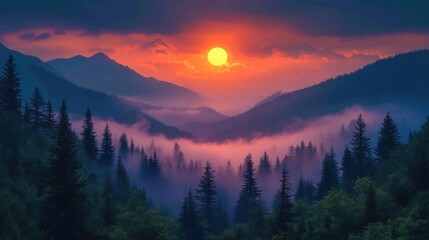 Obraz premium breathtaking mountain landscape,glowing sunset sky,misty evergreen forests,stock photo