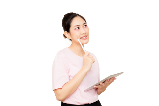 A thoughtful Asian woman in a pink shirt holds a tablet and a stylus appearing to ponder an idea or concept. - Powered by Adobe