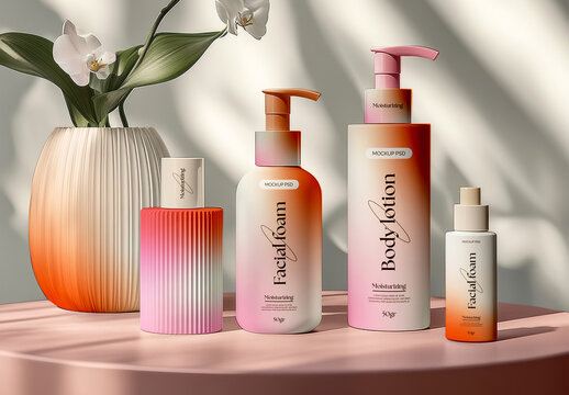 Cosmetic Packaging Mockup with Lotion and Serum Bottles on Decorative Table
