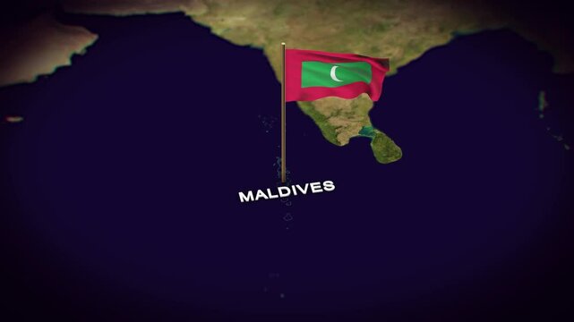 The Flag of Maldives on the World Map, Maldives map with flag 3d animation
