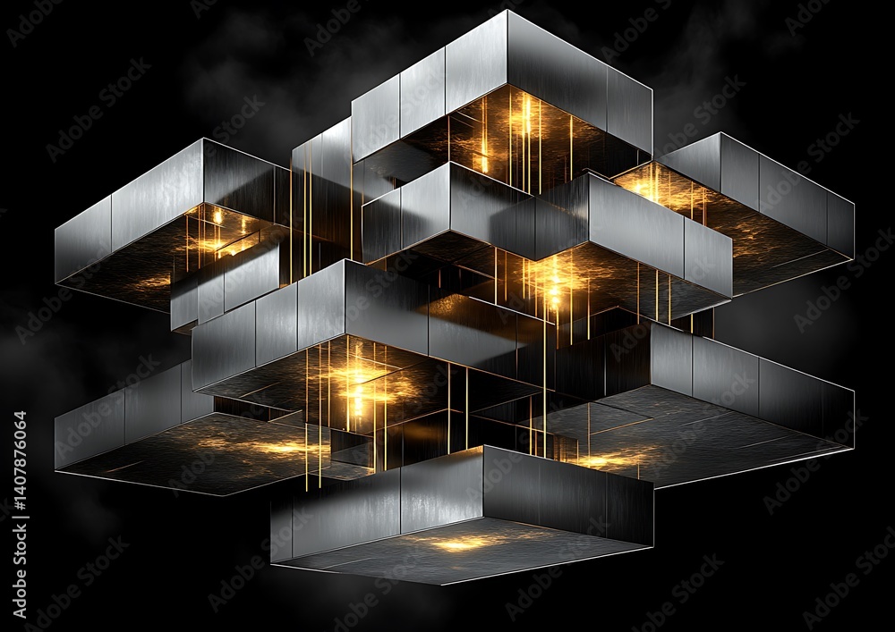 Poster abstract metallic cubes, floating in dark space