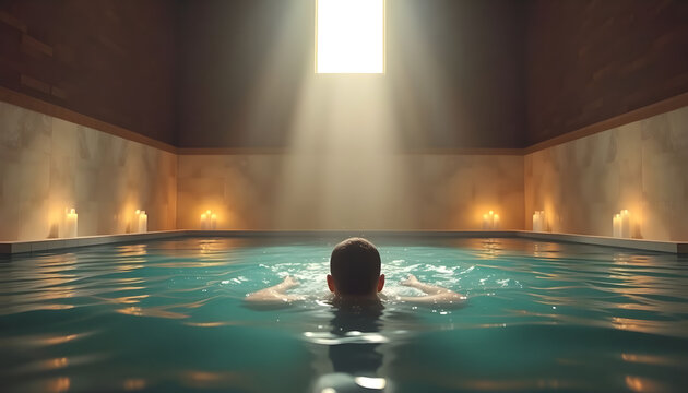 man swimming in a pool with candles around him