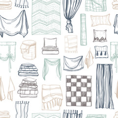 Hand-drawn home textiles. Curtains, carpets, bed linen, towels.  Vector seamless pattern.  