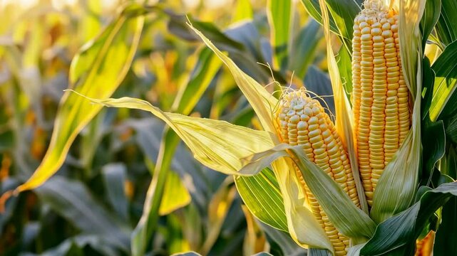 Corn cobs in corn plantation field. Big Yellow Corn Cob. Green cornfield ready for harvest, late afternoon light, sunset. cornfield at harvest. Low Angle View of a Row Of Young Corn Stalks. Sweetcorn