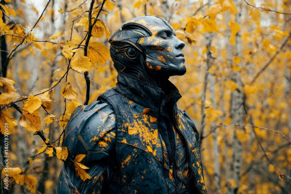 Poster robot figure in an autumn forest surrounded by yellow leaves and trees during twilight hours