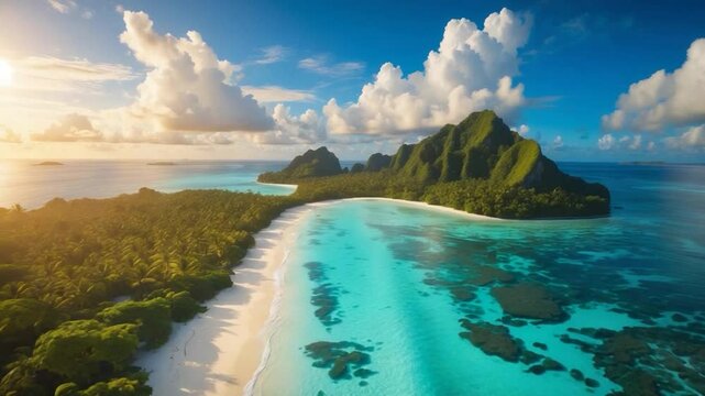 Bird's-eye perspective of a picturesque tropical isle featuring stunning turquoise waters and a scenic reef.