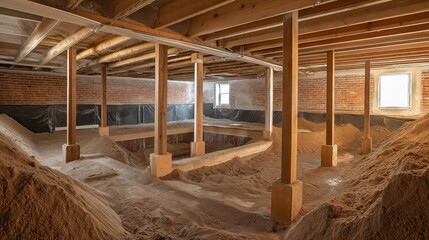 A full indoor shot of a basement under construction, featuring a wooden support structure with wooden posts supporting the floor joists.