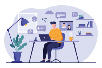 Man Sitting and Working on Laptop Vector