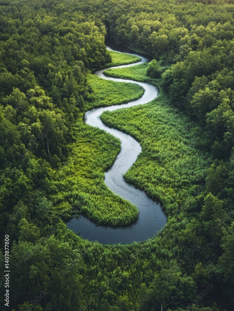 Poster winding river view captured from above showcases a natural spiral flow through lush greenery in a tr