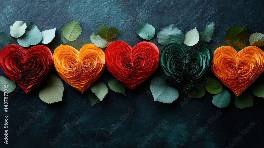 Poster bright paper hearts in red yellow,green colors arranged on a dark background represent joy,unity for