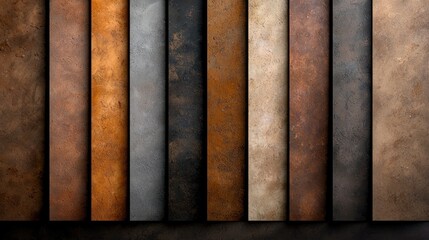 Naklejka premium Assorted rusty brown, grey, and beige material samples displayed vertically