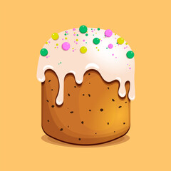 Easter cake decorated with colorful candies. Festive kulich. Traditional delicious, sweet pastry with white icing. Dessert. Fondant. Easter. Spring. Decoration. Confectionery. Baking. Paska. Vector. 