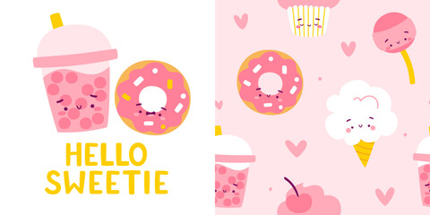 Cute pink pattern with sweets for baby girls. Seamless girly vector print with desserts.