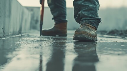 Concrete worker smoothing a concrete surface for flooring. Featuring craftsmanship and technique
