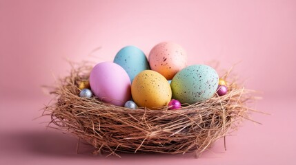 Obraz premium Easter decoration chick ornaments festive banners. Nest of Painted Easter Eggs on Pink Backdrop Celebrating Springtime Traditions and Festive Colors.