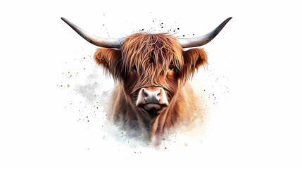 Artistic Portrait of A Majestic Highland Cow With Long Brown Fur and Impressive Horns Against A White Background With Watercolor Effect