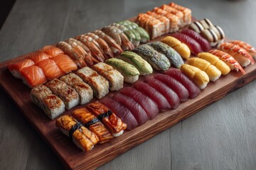 Exquisite sushi platter featuring a variety of fresh seafood served on a wooden board