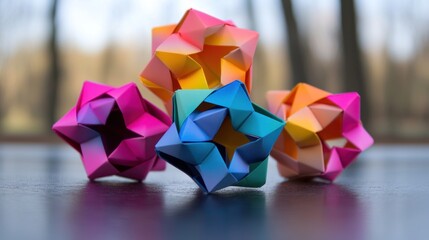 Colorful origami star clusters on dark table, blurred forest background