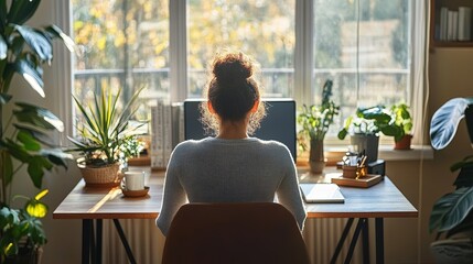 A serene home office scene with a person seated at a desk, balancing remote work with moments of stretching and mindfulness.