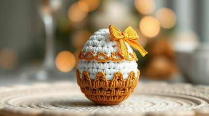 Warm-Lit Crochet Egg Featuring Soft Shadows and Gold Accents